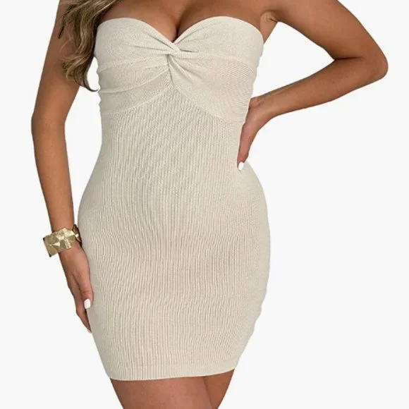 Womens Bodycon Sexy Knit Twisted Strapless Mini Dress | Color: Tan | Size: S | Aprilbiv80's Closet Womens Bodycon Sexy Knit Twisted Strapless Mini Dress | Color: Tan | Size: S | Aprilbiv80's Closet